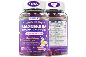 NEVISS Magnesium Glycinate Gummies for Adults & Kids 4+, Sugar Free Magnesium Bisglycinate Supplement 400/200mg with B6D3, 5HTP, L-Theanine for Sleep & Relaxation, Brain, Muscle, Melatonin Free Gummies,1Pack