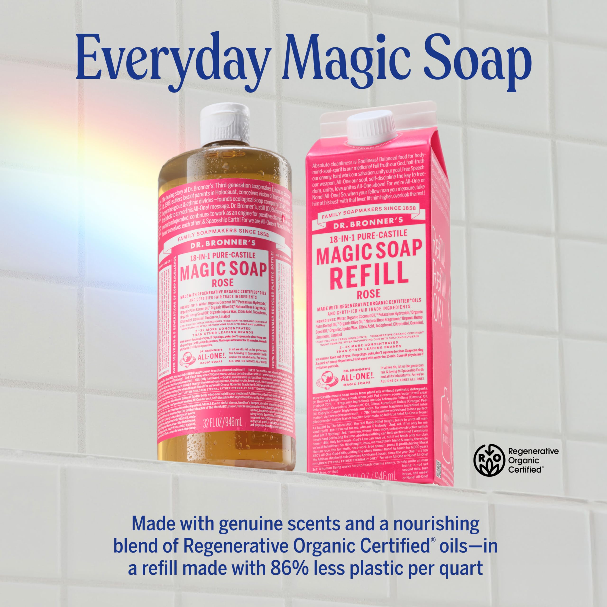 Dr. Bronner's Pure-Castile Liquid Magic Soap Bottle & Refill Carton - Made with Regenerative Organic Certified Oils- 18-in-1 Uses for Face, Body Wash, Hand Soap Refill- Baby Unscented, 32 oz