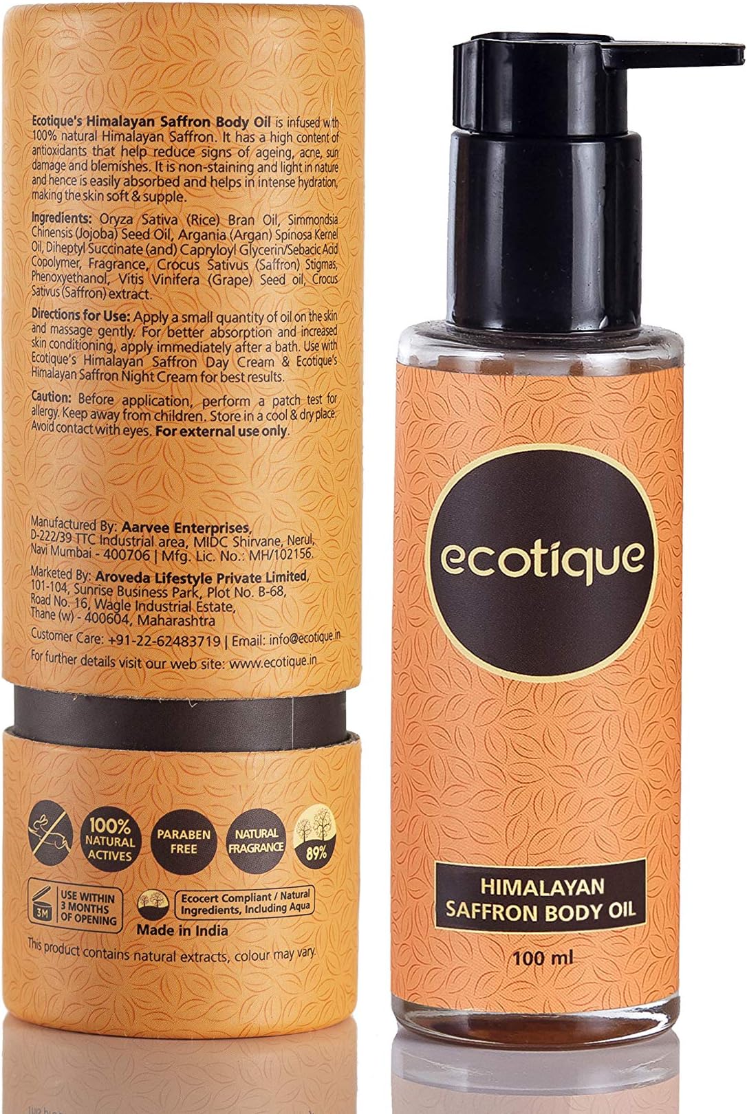 Ecotique Himalayan Saffron Body Oil, 3.5 Fl. Oz., 99.8% Natural Face & Body Oil, long lasting moisturization