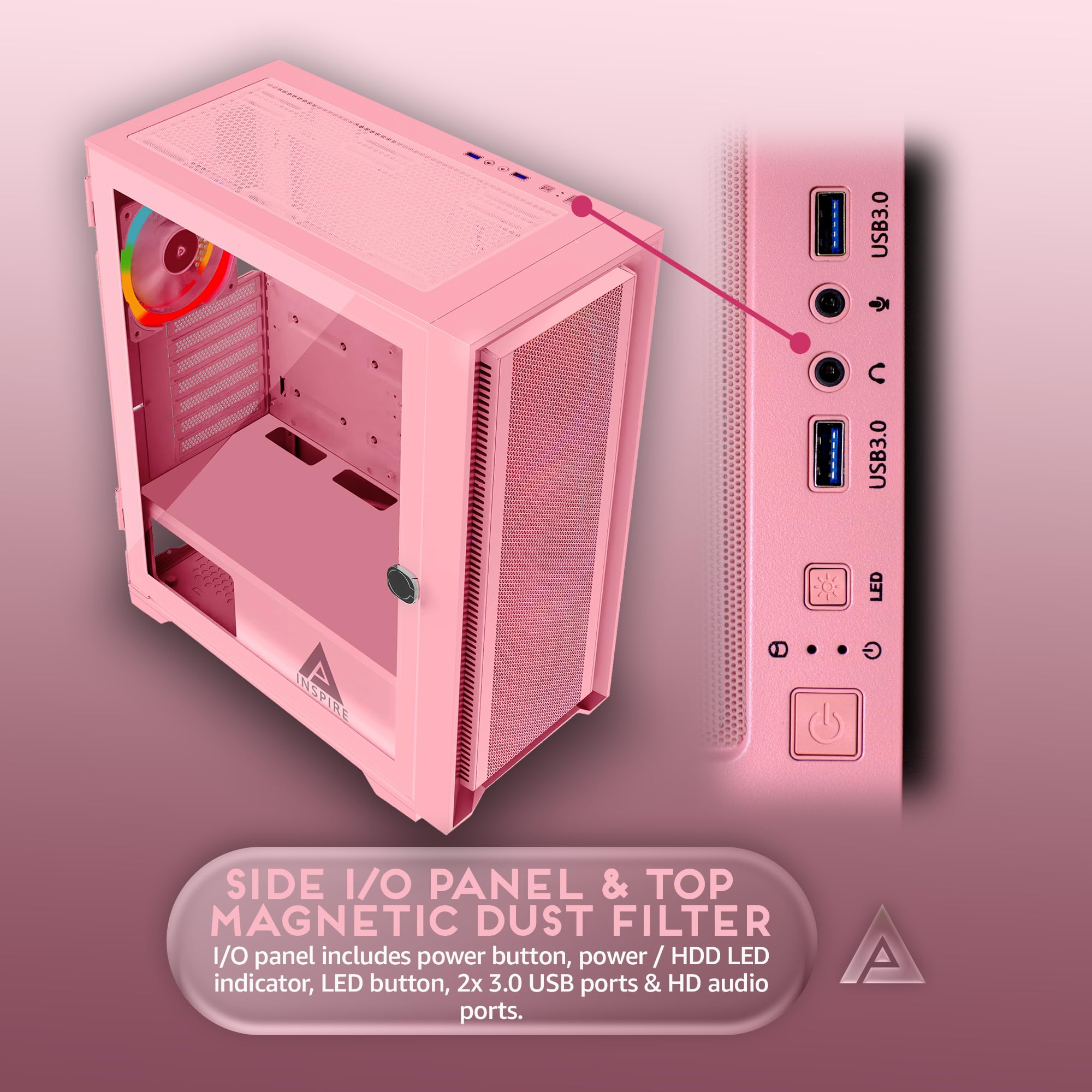 Apevia Inspire-PK Inspire Mid Tower ATX Gaming PC Case w/ 4X 120mm ARGB Fans, 366 RGB Light Modes, 1x Metal Mesh Airflow Front Panel, 1x Door Swivel Style Magnetic Glass Side Panel, 2X USB3.0, Pink
