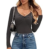 kakola Womens Ribbed Sweetheart Neckline Top Fitted Twist Front Deep V Neck Long Sleeve Shirts for Women Going Out 2025 Fall