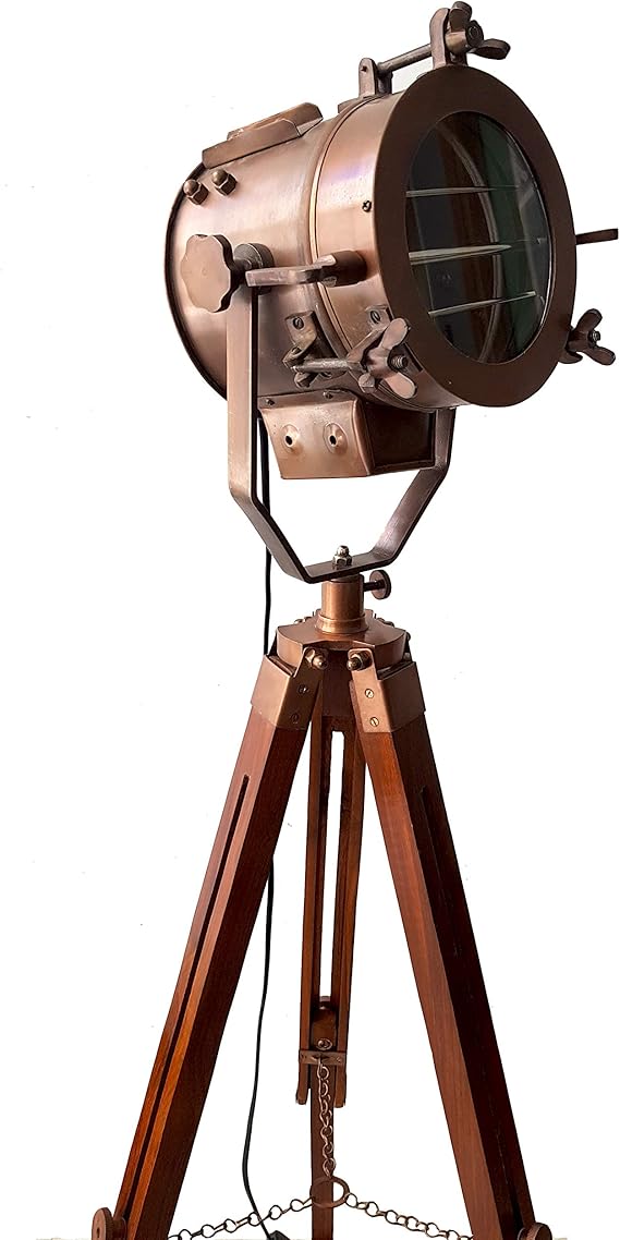 Antique Copper Mid Century Searchlight Focus Tripod Floor Lamp Standing