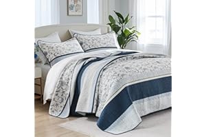 SOElinens Floral Queen Size Quilt - 100% Cotton Striped Patchwork Navy/Blue Queen Quilt, Lightweight Summer Botanical Flower Print Bedspread, Vintage Decor Coverlet for Queen Bed, 98x90