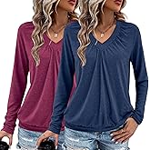 AIZHINENG 2 Pack Women Tops Long Sleeve Shirts V Neck Loose Fit Soft Casual Solid Color T-Shirts Fall Clothing