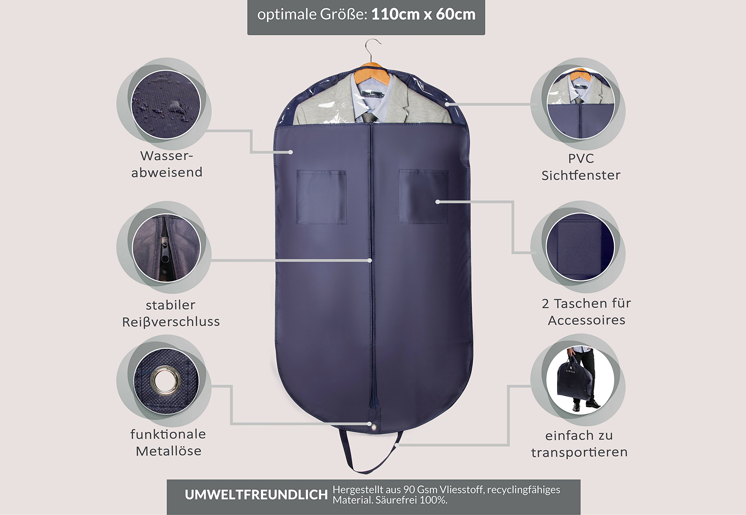 3x Kleidersack von Zireem | inkl. kostenlosem Schuhbeutel & Textilbürste | Premium Stabiler Kleidertasche | Kleiderhülle | Atmungsaktiv | hochwertiger Anzugsack | tiefblau | 110 × 60 cm |