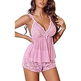 Avidlove Women's Floral Lace Lingerie Pajama Set,Sexy Sheer Mesh V-Neck Halter Cami and Shorts 2 Piece Sleepwear Set