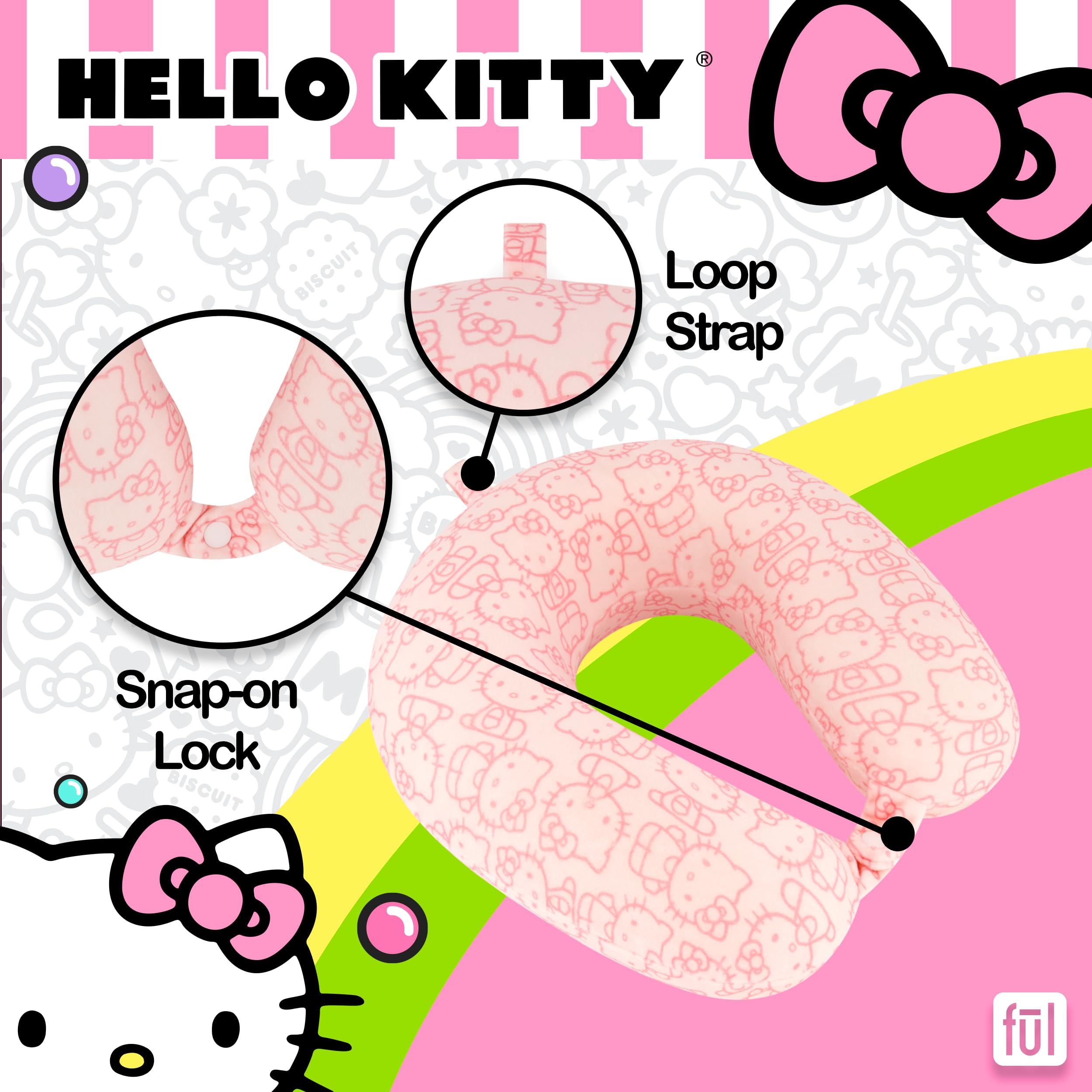 FUL Hello Kitty Neck Pillow, All Over Print Memory Foam Travel Accessories for Airplane, Car and Office, Comfortable and Breathable, Pink