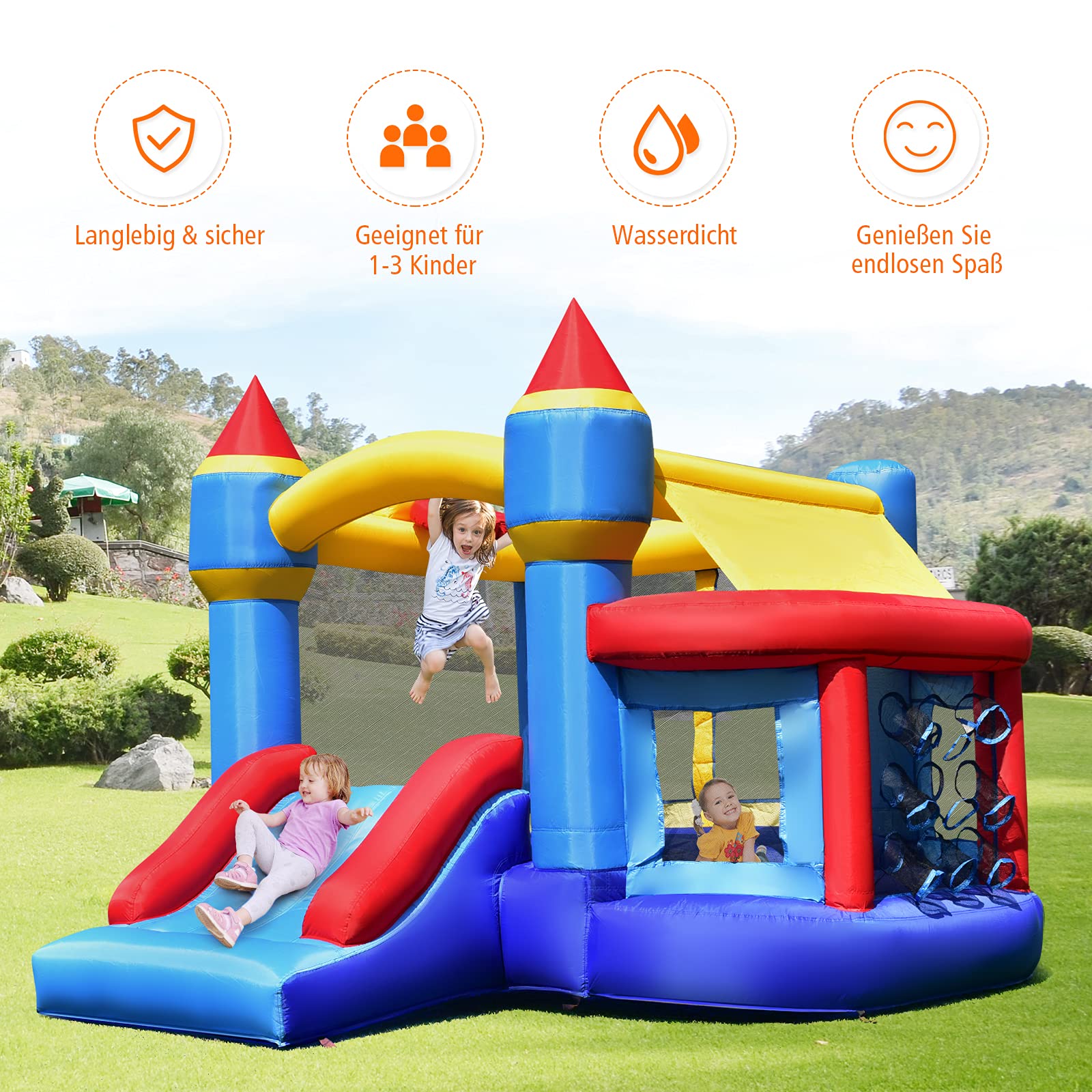 COSTWAY Kinder aufblasbare Hüpfburg, Hüpfburg mit Rutsche, Ballgrube, Reparaturflicken, Aufbewahrungstasche, Kinder-Hüpfburg für Hinterhof, Indoor & Outdoor-Einsatz 270x240x196cm 2