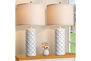 VERRON Set of 2 Farmhouse Ceramic Table Lamps, 26" Bedside Nightstand Lamps with White Fabric Shade, Modern Tall Desk Lamp with Rotary Switch, Rustic End Table Lamps for Bedroom Living Room Office Study, E26