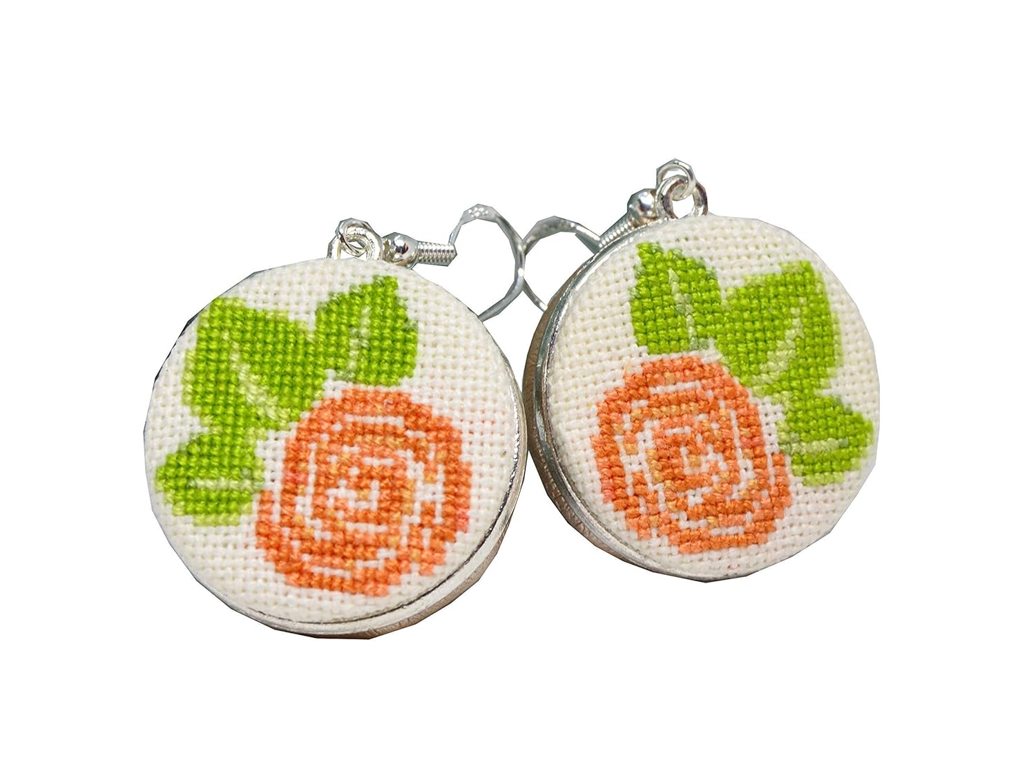 Handmade embroidered earrings with orange flower Handmade