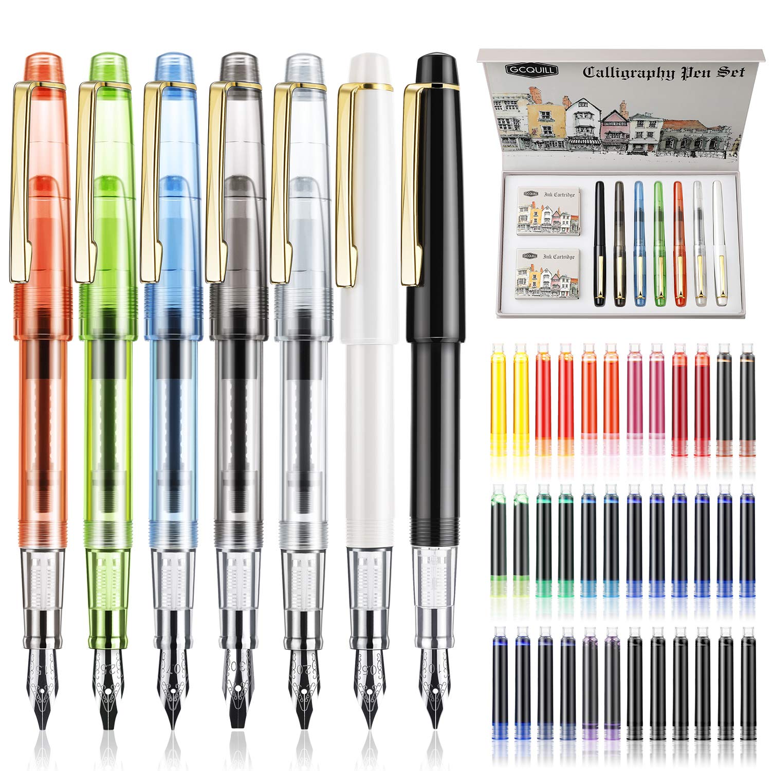 GCQUILL Calligraphy Pen Ink Set 43 Pieces Calligraphy Fountain Pen Set Handmade Pen with 7 Pens & 36 Colourful Ink Cartridges Perfect for Calligraphy Beginners Christmas Gift