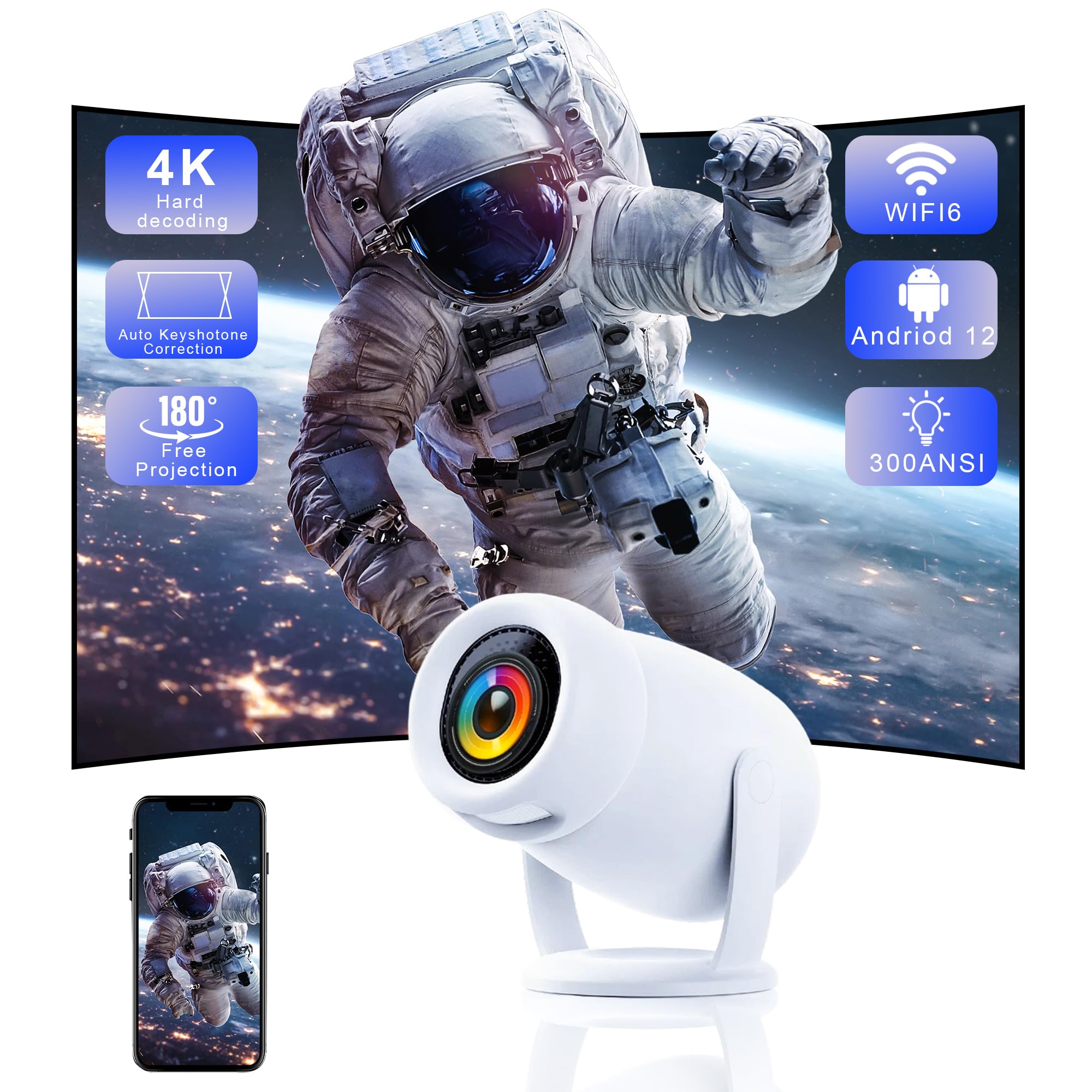 Photo 1 of 180°Mini Smart Portable Projector 4k with WiFi and Bluetooth for iphone,300ANSI Bedroom Ceiling Projector with Apps 1080P Home/Outdoor Projector for Video Game Console/PC/Laptop