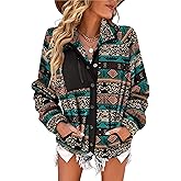 SELINK Womens Fleece Jacket Western Aztec Print Long Sleeve Snap Button Down Shacket Jackets with Pockets