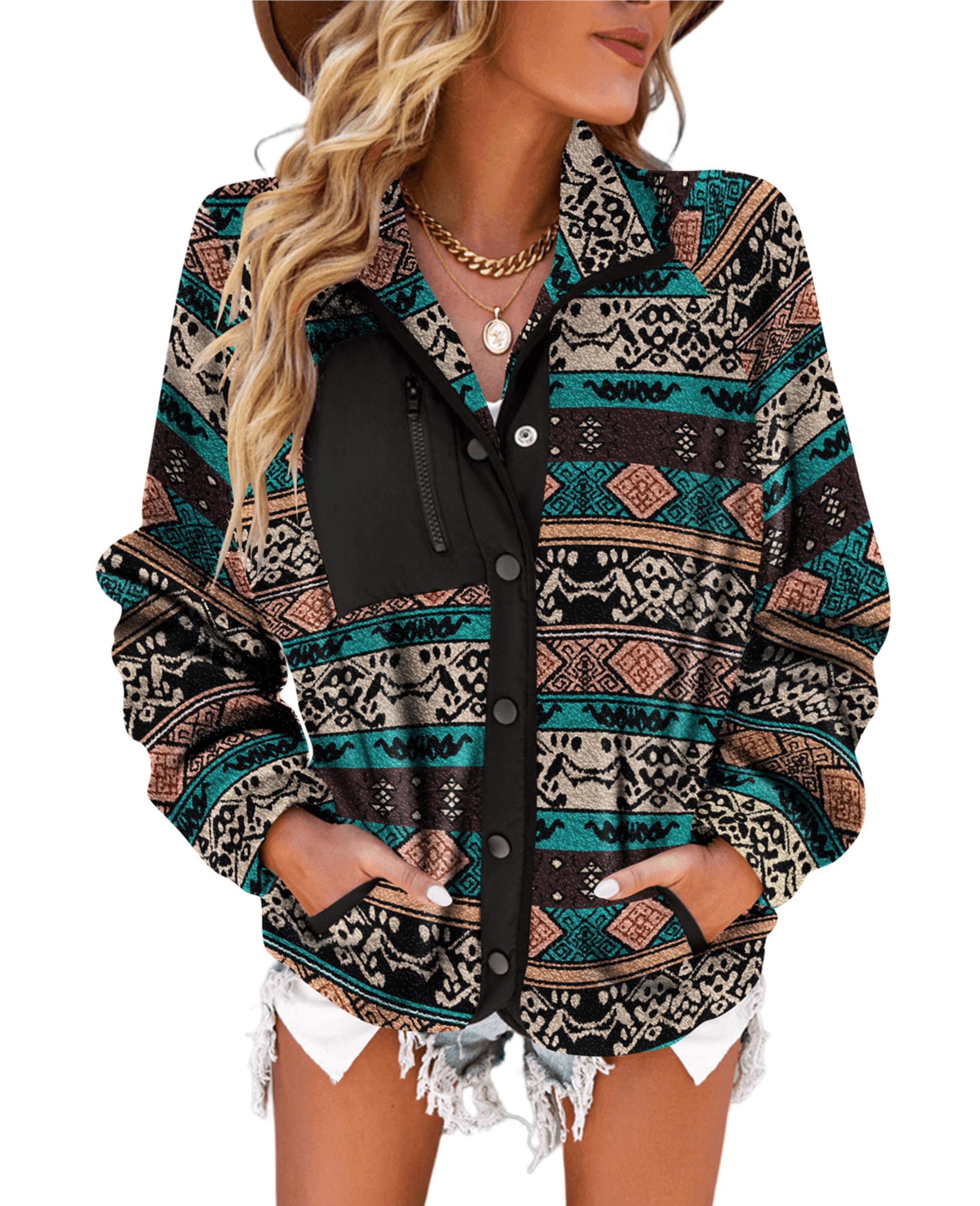 Photo 1 of ***UNKNOWN SIZE*** SELINK Womens Fleece Jacket Western Aztec Print Long Sleeve Snap Button Down Shacket Jackets with Pockets Black