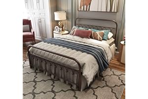 TUSEER Metal Bed Frame Queen Size with Vintage Headboard and Footboard Platform Base Wrought Iron Double Bed Frame (Queen, Antique Brown)