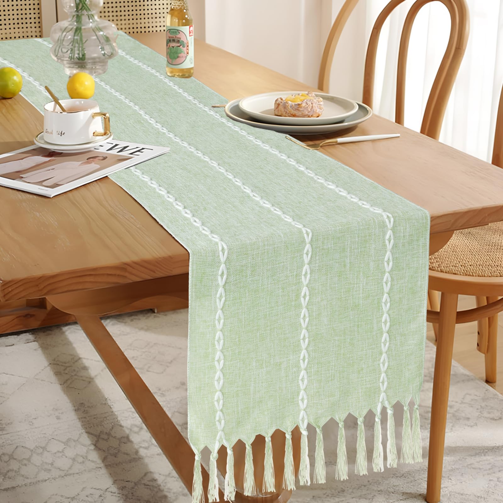 Boho Table Runner - Rustic Farmhouse Cotton and Linen with Hand-tassels, Elegant Kitchen and Event Decor, 13x72 inches, Sage Green