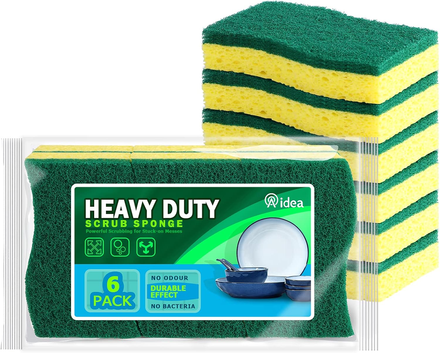 AIDEA Heavy Duty Scrub Sponge-12 Count, Heavy Duty Cellulose Sponge, Cleans Fast Without Scratching, Cleaning Power for Everyday Jobs for Dishes, Pots, Pans: Kitchen & Dining