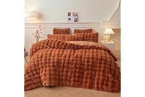 LIFEREVO Fluffy Faux Rabbit Fur Duvet Cover Set, Cozy Plush Shaggy Bubble Bedding Set for Bedroom Kids Room Dorm, 1 Fuzzy Bed Comforter Cover + 2 Furry Pillowcases, Zipper Closure, Burnt Orange, Queen