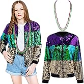 Hicarer 4 Pcs Mardi Gras Costume Mardi Gras Sequin Jackets for Women with 3 Pcs Beads Necklaces Front Zip Jacket