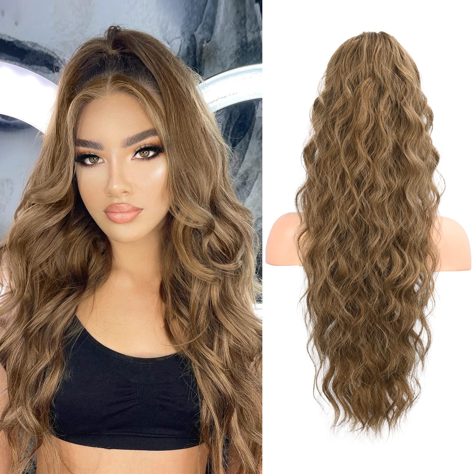 Photo 1 of FLUFYMOOZ Ponytail Extension, 26 Inch Drawstring Ponytail Hair Extensions for Women? Long Curly Wavy Ponytail Natural Synthetic Hairpiece for Women (26" Dark Ash Blonde with Highlights)