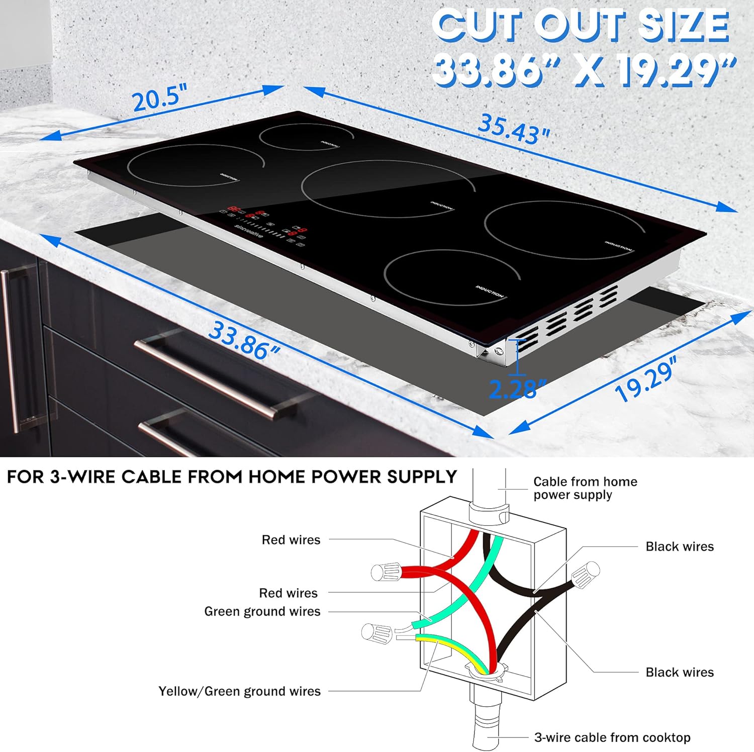 36 Inch Induction Cooktop, Electric Cooktop with 5 Burners Drop-in Electric Stovetop 240V Smoothtop Ceramic Glass Induction Burner with Timer, Kids Lock, 9 Heating Level, ETL & FCC Certificated: Appliances