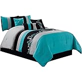 Chezmoi Collection Napa 7-Piece Luxury Leaves Scroll Embroidery Bedding Comforter Set (Queen, Teal Blue/Gray/Black)