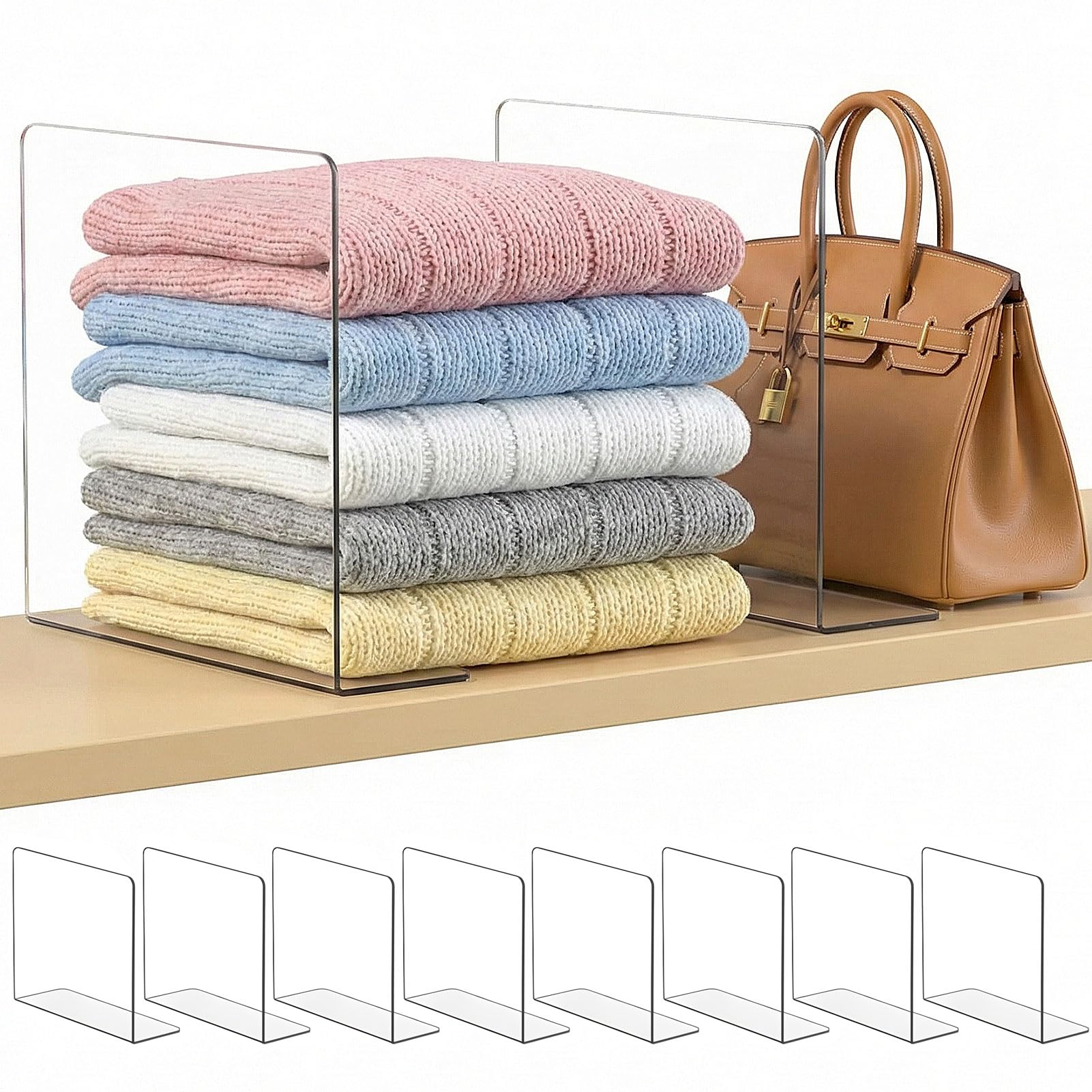 Photo 1 of SortNStore Shelf Dividers for Closet Organization: 10" Tall x 12" Deep, Adhesive Separators Features Acrylic Material and Provides Storage for Clothes and Purses in Bedroom Cabinets(8-Pack)