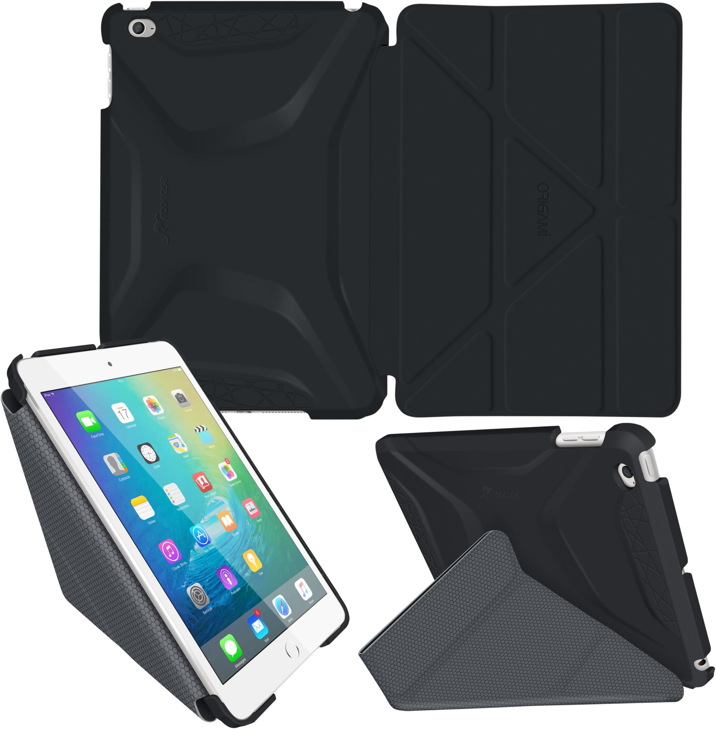 iPad Mini 4 Case, Apple iPad Mini 4 Case, rooCASE Origami 3D Smart Cover Ultra Slim Fit Lightweight Shell Case with Multi Angle Stand and Auto Sleep / Wake Function, Black