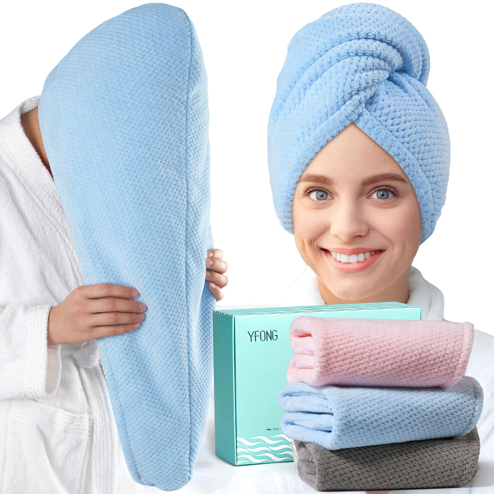 Photo 1 of YFONG 3 Pack Large Microfiber Hair Towel Wrap, 30" x 10" Thicker Anti Frizz Quick Dry Hair Towels for Women Long, Curly, Thick Hair, Super Absorbent Hair Turban for Wet Hair (Grey, Pink, Blue)
