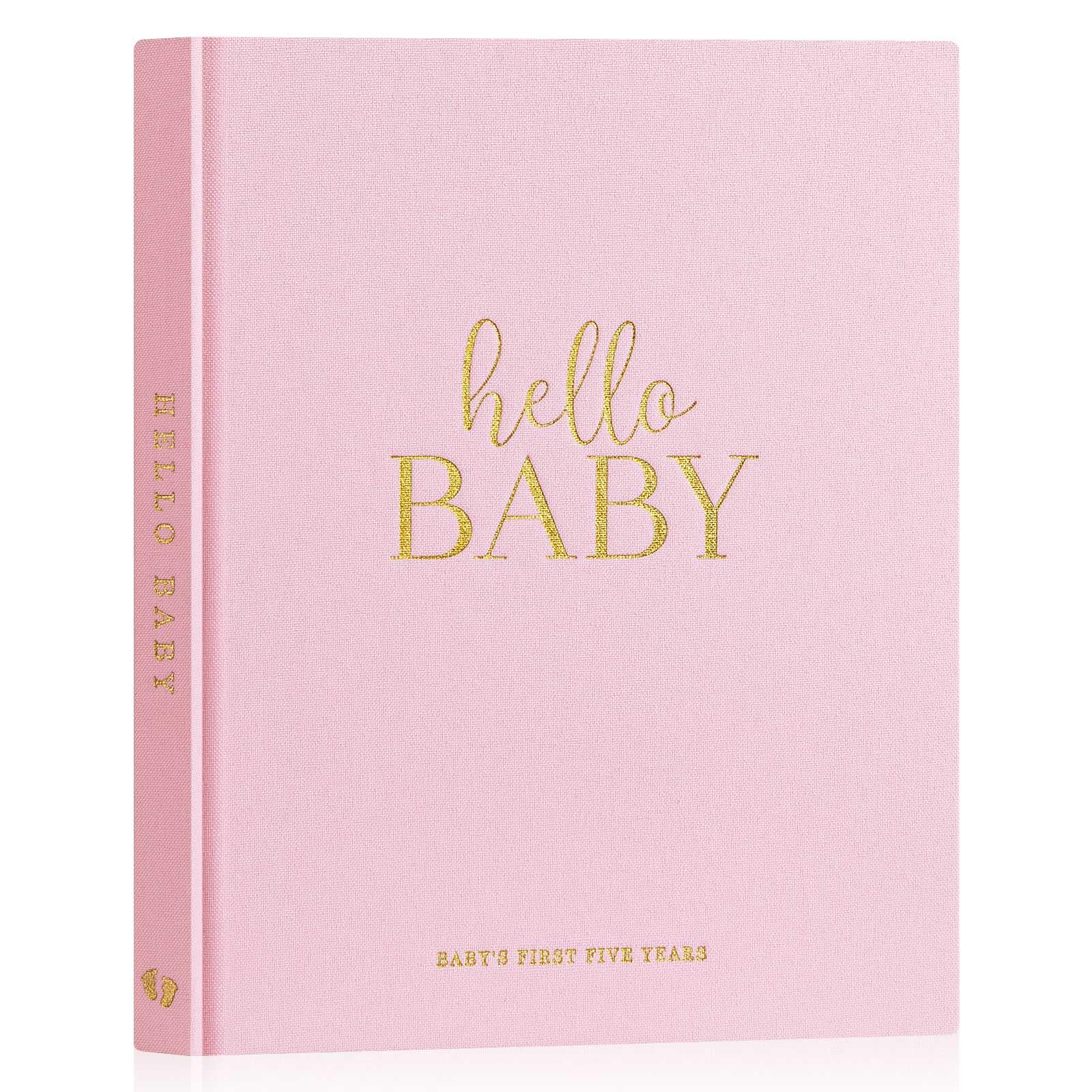 Lanpn Hello Baby First 5 Year Memory Book - Linen Hardcover Keepsake for New Parents - Newborn Baby Journal Scrapbook Photo Album Milestone Book (Pink, 154 Pages)
