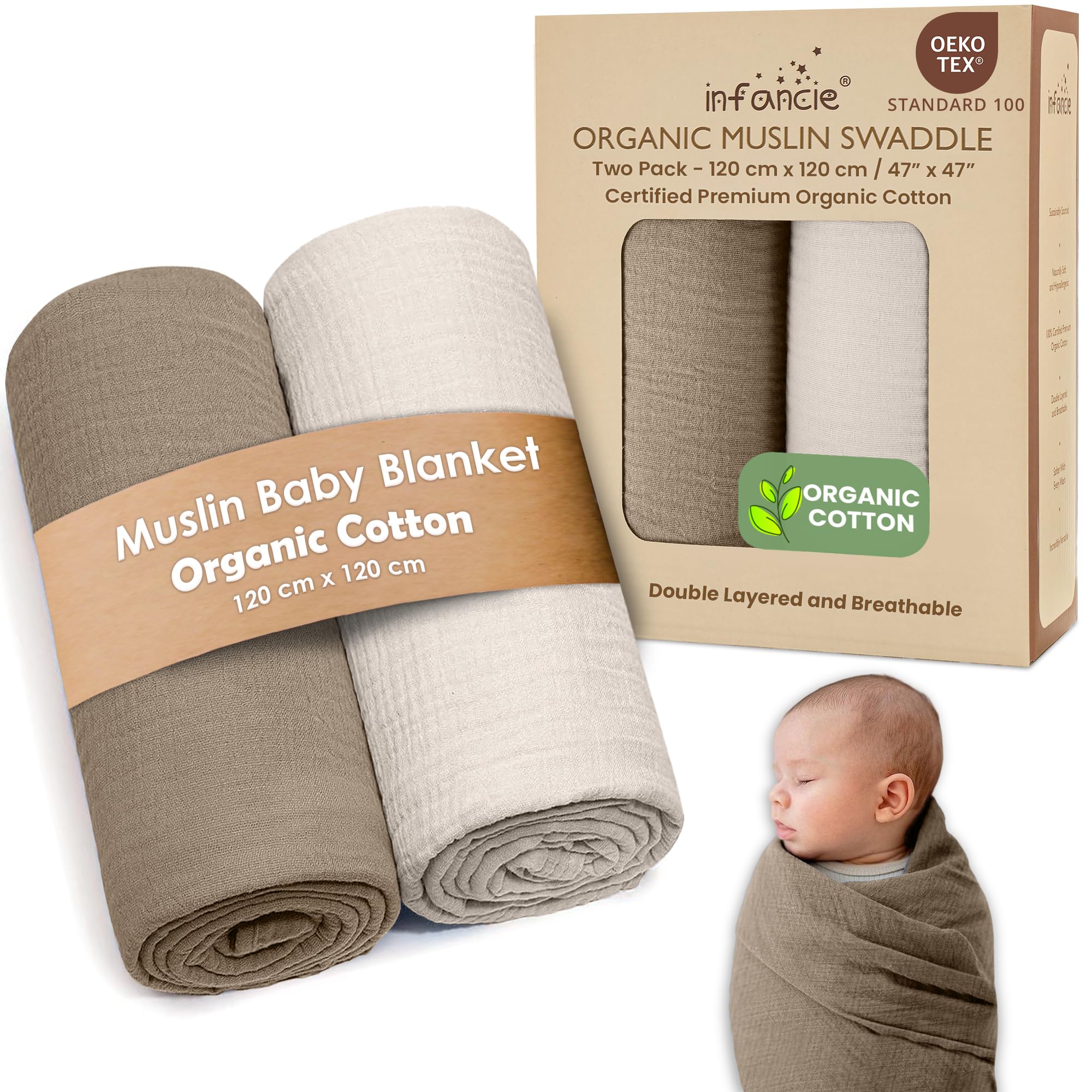 Photo 1 of Organic Cotton Muslin Baby Blanket - 47x47 Inch Breathable Swaddle, Hypoallergenic Double-Layer, Versatile Use (Olive/Ivory, 47x47 Inch)