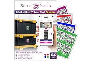 SmartPacks Colored QR Stickers - Premium Smart Labels for Storage Bins with AI-Powered App | Advanced Pack and Track Labels with QR Code for Inventory, Storage, Moving | 64 Stickers