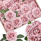 25pcs Blush Pink Artificial Flowers Light Pink Foam Fake Rose with Stems 8 Leaves Real Looking Faux Roses for Wedding Bouquets Bridal Shower Centerpieces Arrangements Party Tables Decorations DIY