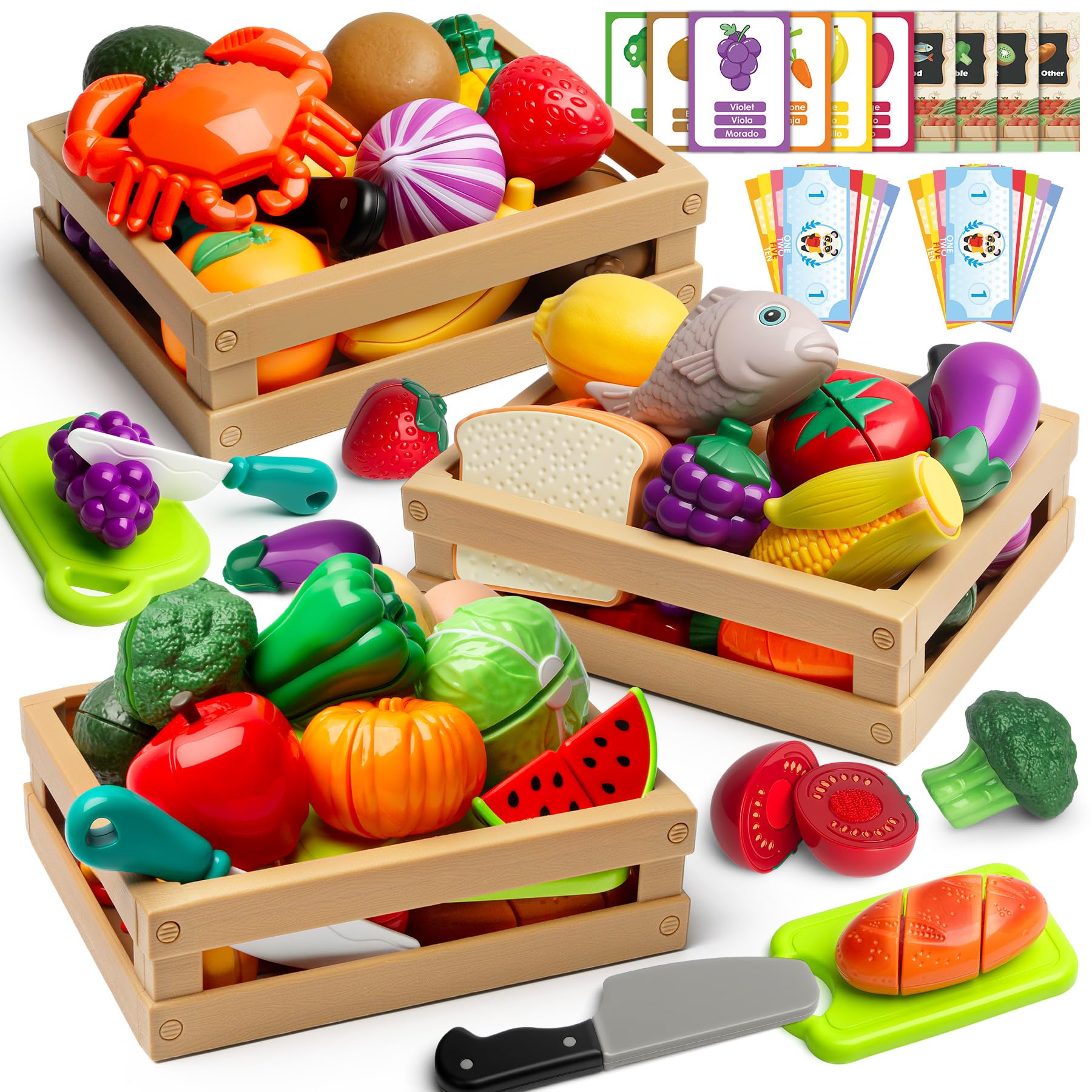 BunnyJOY Play Food Set for Kids, Toy Food Set for Kids Kitchen, Toy Kitchen Accessories, Cutting Fruits & Vegetables, Pretend Play Gift for Girls & Boys Ages 3-8