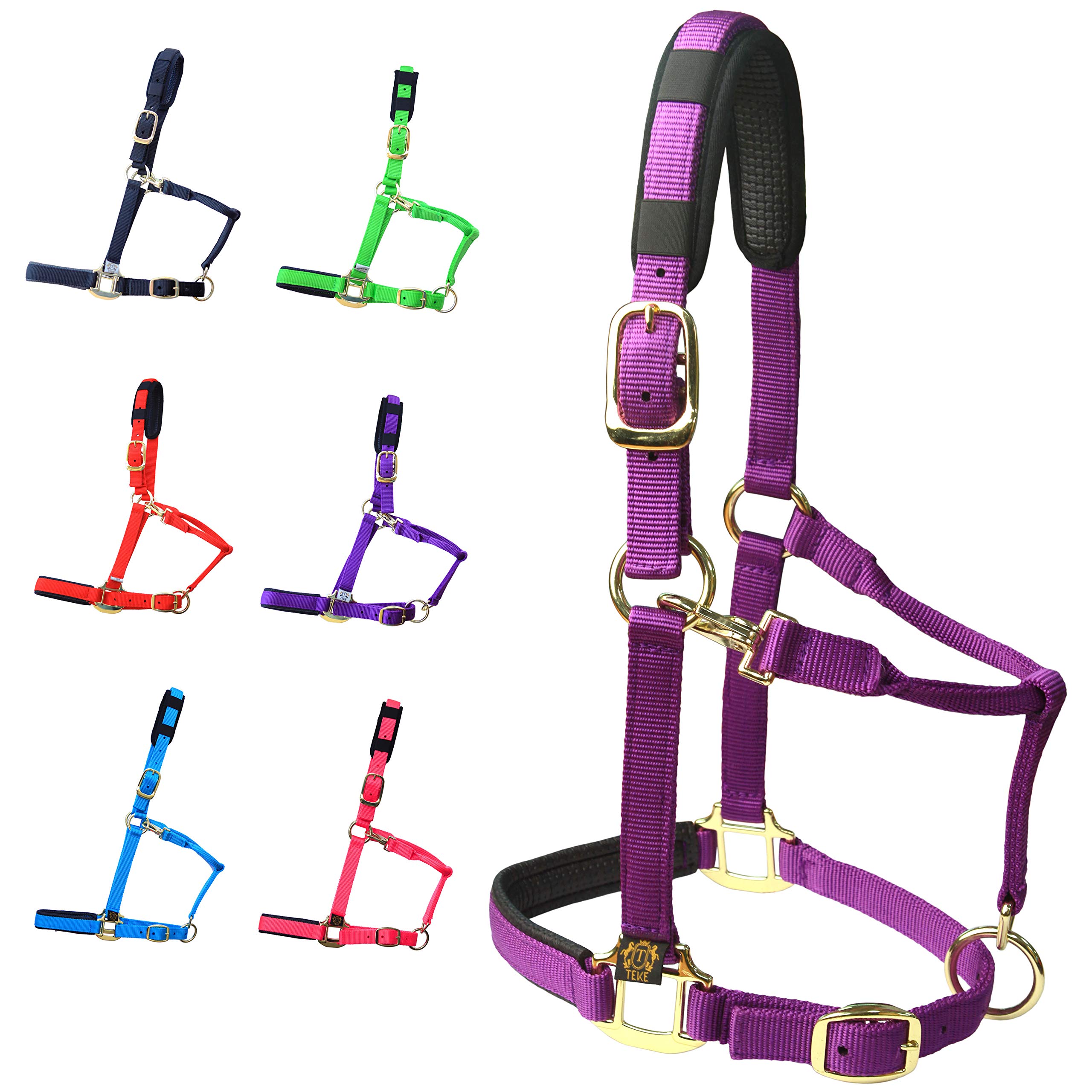 T TEKE Adjustable Horse Halters by Heavy Duty Soft Nylon, Padded with Anti-rubbing Waffle Neoprene on Both Crown & Nose