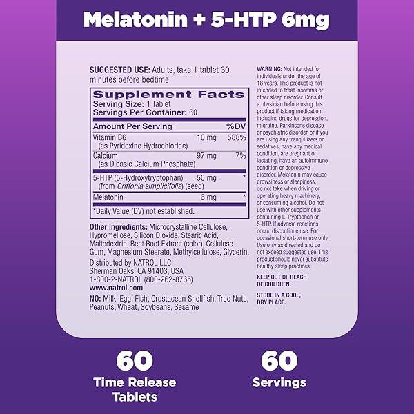 NATROL MELATONIN + 5-HTP TIME RELEASE SLEEP AID, TRIPLE ACTION FORMULA, CALM THE MIND, FALL ASLEEP FASTER AND STAY ASLEEP LONGER, 60 BI-LAYER TABLETS, UP TO A 60 DAY SUPPLY
