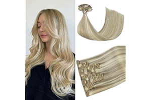 Huayi Clip in Hair Extensions Human Hair for Women - Ash Blonde Highlights Bleach Blonde Clip in, 15 inch 70g 7Pcs, #18P613 B