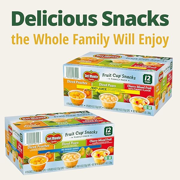 DEL MONTE FRUIT CUP SNACKS VARIETY PACK WITH NO ADDED SUGAR, 4 OZ CUPS (12 PACK) DICED PEACHES, DICED PEARS, CHERRY MIXED FRUIT