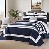 DUOHONG 128"x120" Oversized Bedspread - 100% Cotton, Striped Pattern California King Extra Large Quilt, Cal King XL Bed Spread Lightweight Comforter, 3pcs, Navy/Gray/White