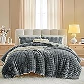 Flannel Fluffy Comforter Set - 3 Pieces Faux Rabbit Short Fur Bedding SetUltra Soft Warm Winter Sherpa Bedding Set for Girls Women, Skin Friendly Fleece Comforter Bed Set & 2 Pillow Shams Queen Gray