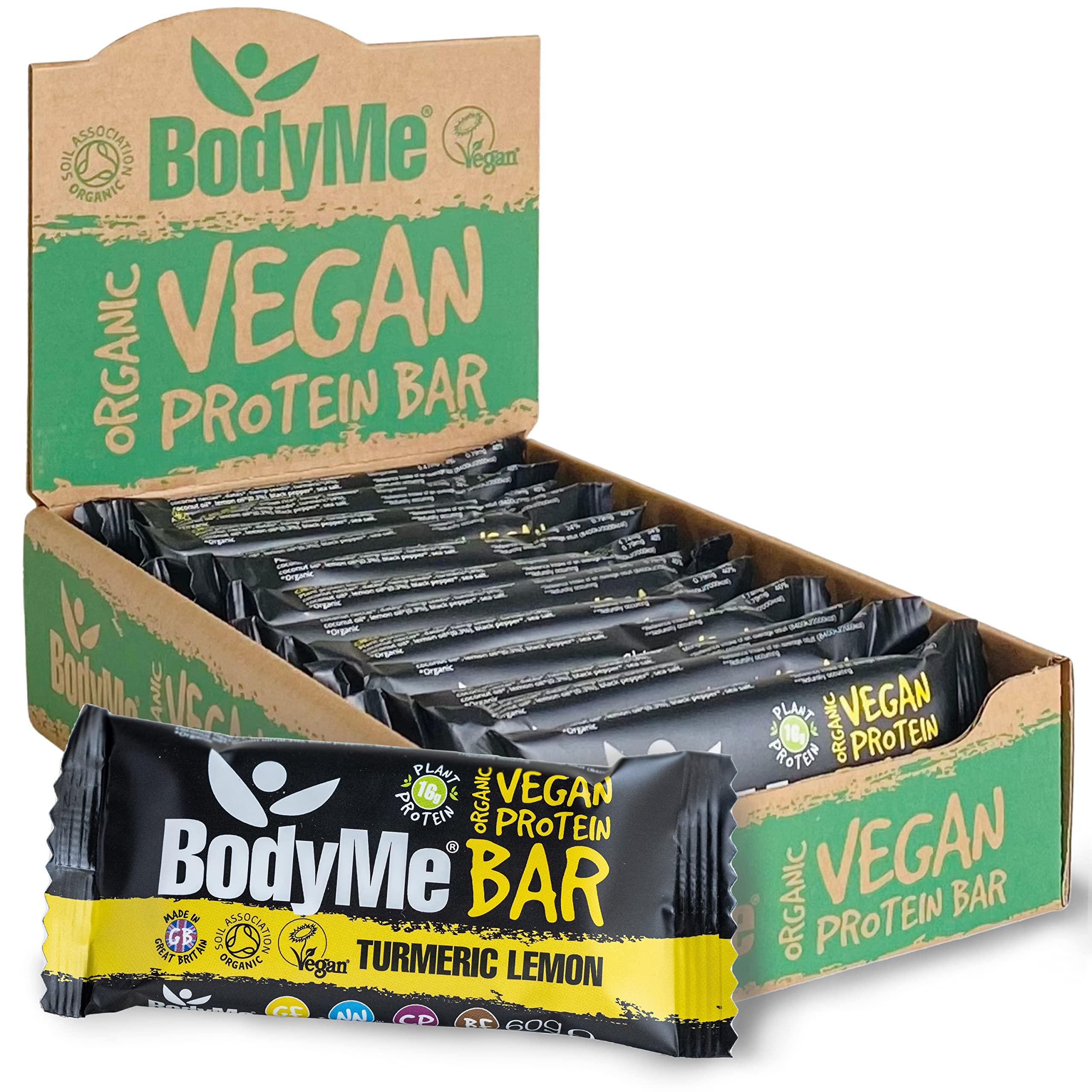 BodyMe Organic Vegan Protein Bar | Raw Turmeric Lemon | 12 x 60g Protein Snack Bars | Gluten Free | 16g Complete Protein | 3 Plant Proteins with All Essential Amino Acids | High Protein Vegan Snacks