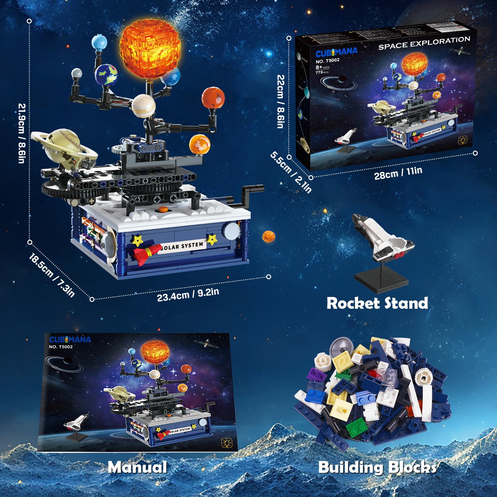 CUBIMANA Technik Sonnensystem Bauspielzeug mit Licht – Kosmischeforschung Rotations Bauset mit 8 Planeten und Raketenständer, 775 Teile Geschenke für 8+ Jahre alte Kinder Jungen Mädchen und Erwachsene 8