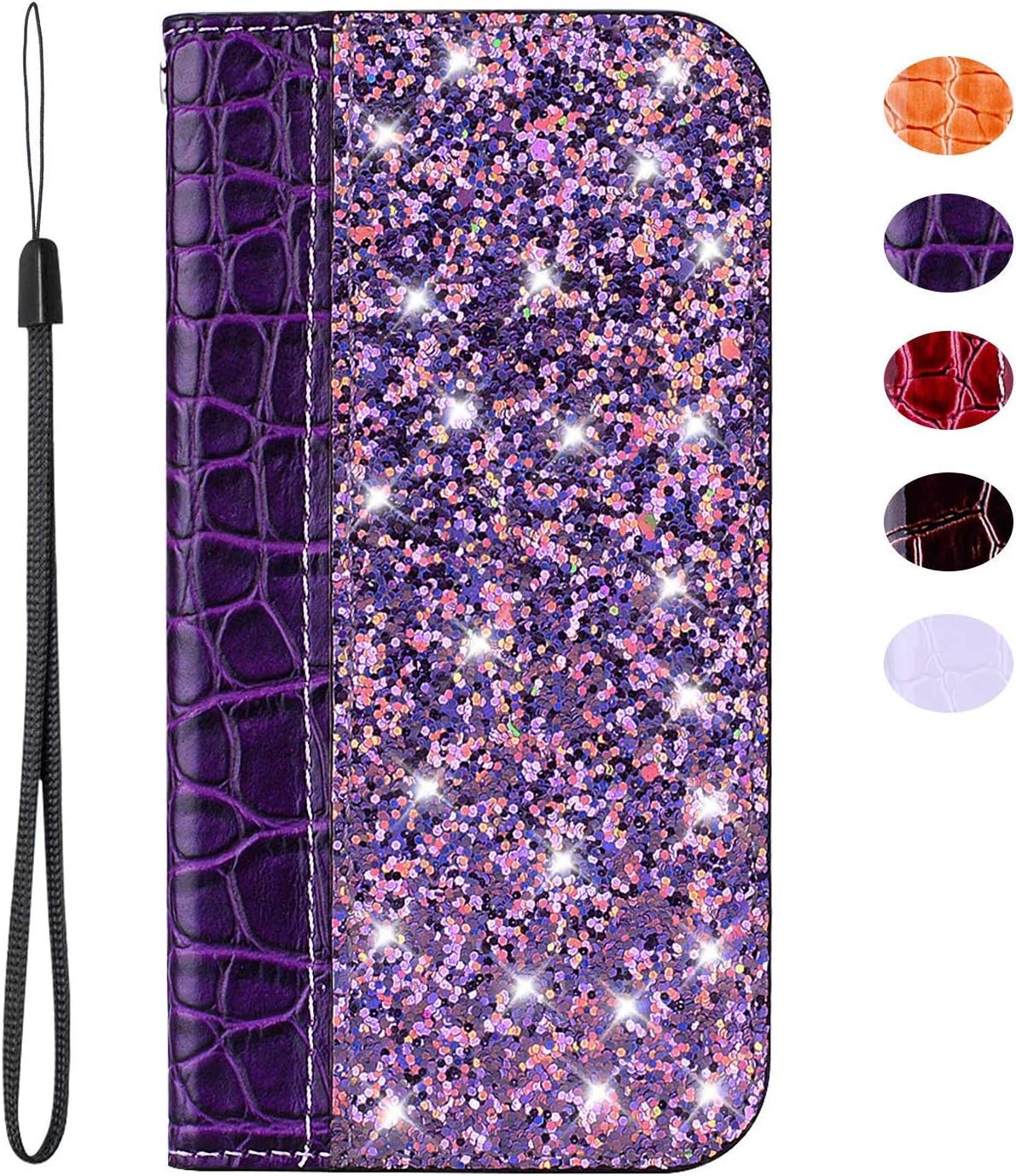 vingarshern Case for ZTE Blade A512 Glitter PU Leather Holster for ZTE Blade A512 Cover Inner Silicone Case Holder,Flip Magnetic Closure Protective Case With Stand/Card Slots(Glitter purple)