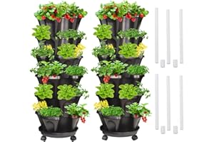 Tectsia Strawberry Vertical Planter 2 Pack, 6 Tiered Stacking Garden Tower, Stackable Herb Vegetable Planters with Support Pole Indoor Outdoor Black