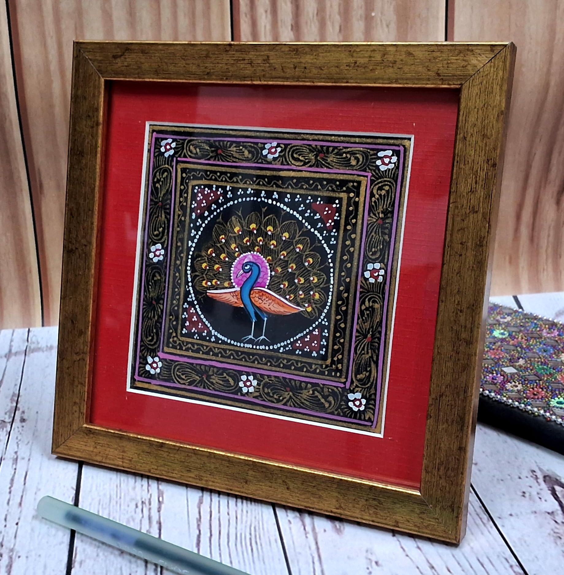 Purpledip Silk Cloth Painting Golden Peacock: Indian Rajasthani Intricate Artwork Framed For Table Top Or Wall Hanging; Collectible Miniature Art (12477A)