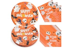 UVTQSSP Halloween Paper Plates, Halloween Party 9 inch Paper Plates and Napkins, Disposable Tableware Party Supplies, Serve for 40 Guests, Cute Ghost Pumpkin Skull Bat Spider Cat, 80 PCS