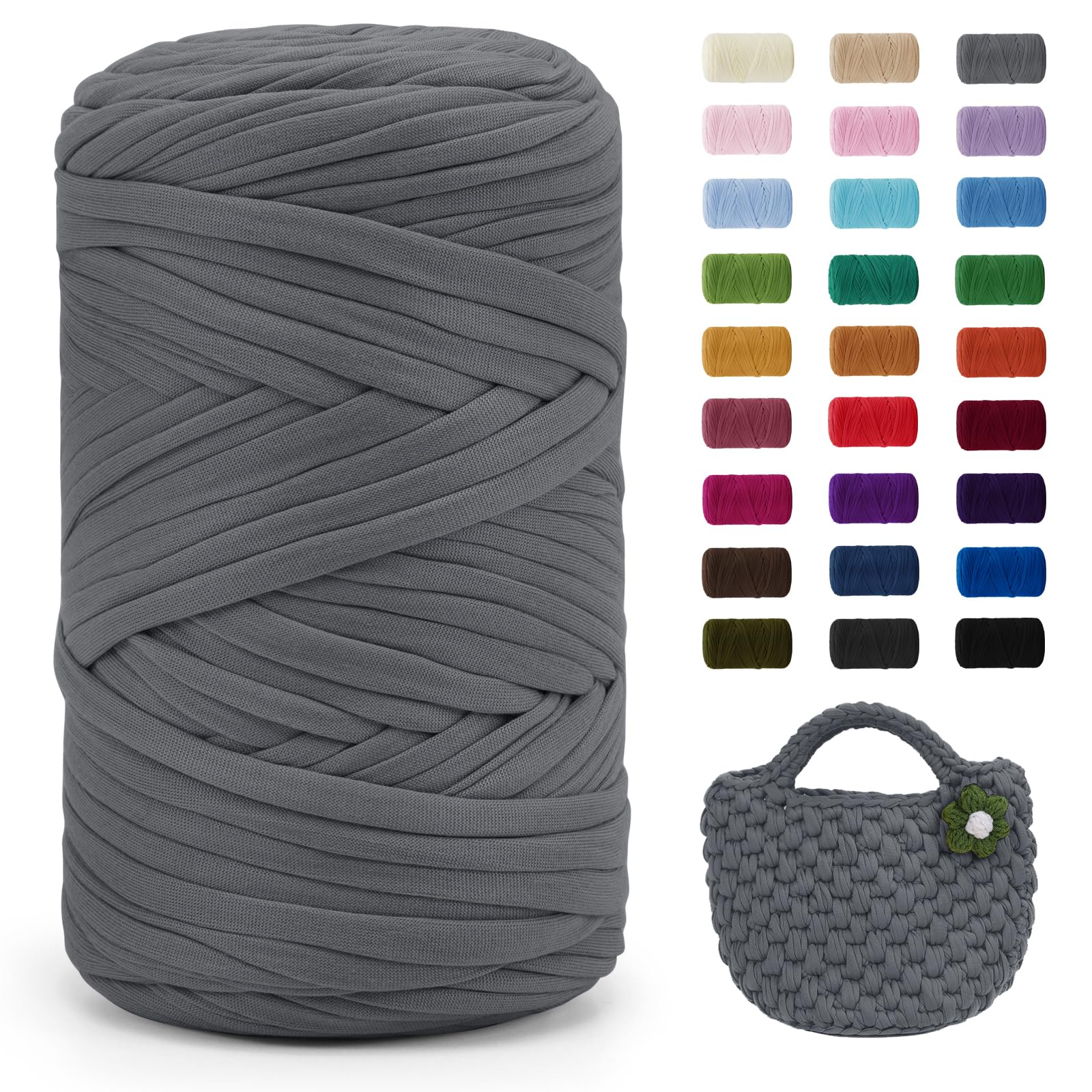 Uiopa Light Gray T-Shirt Yarn, 400g/120m Elastic Fabric Crochet Cloth T Shirt Yarn, Chunky Hand Knitting Polyester Ribbon for Crocheting Bags/Baskets/Rugs, Home Decor, DIY Crafts