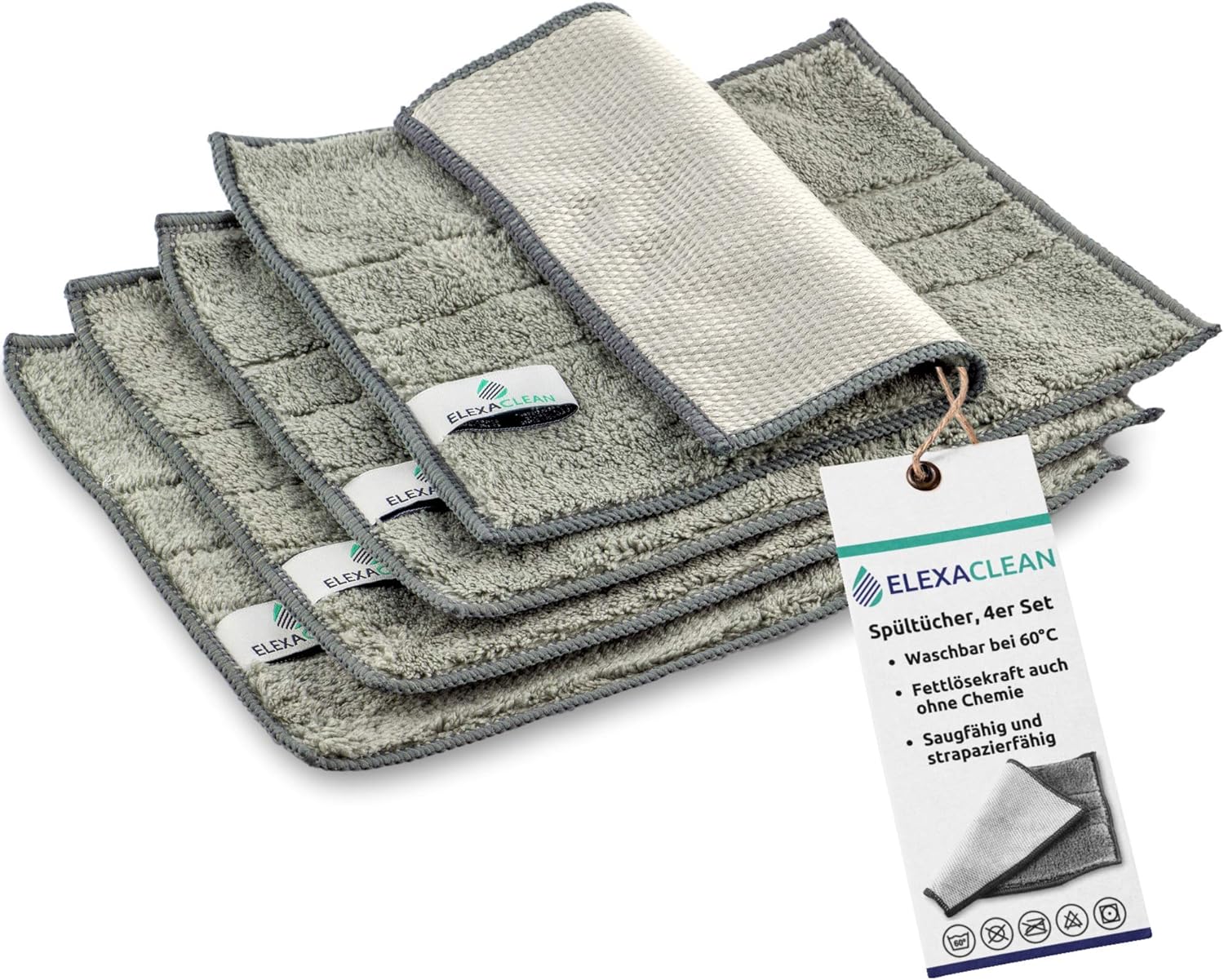ELEXACLEAN Spültücher waschbar - Mikrofaser (Grau, 4er Set, 24x20cm) Spüllappen für Küche, Geschirr