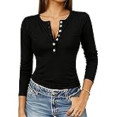 Curvphilo Women 2025 Henley T Shirts Ribbed Button Slim Fit Basic Casual T Shirts Going Out Trendy Outfits Basic Tops Blouse