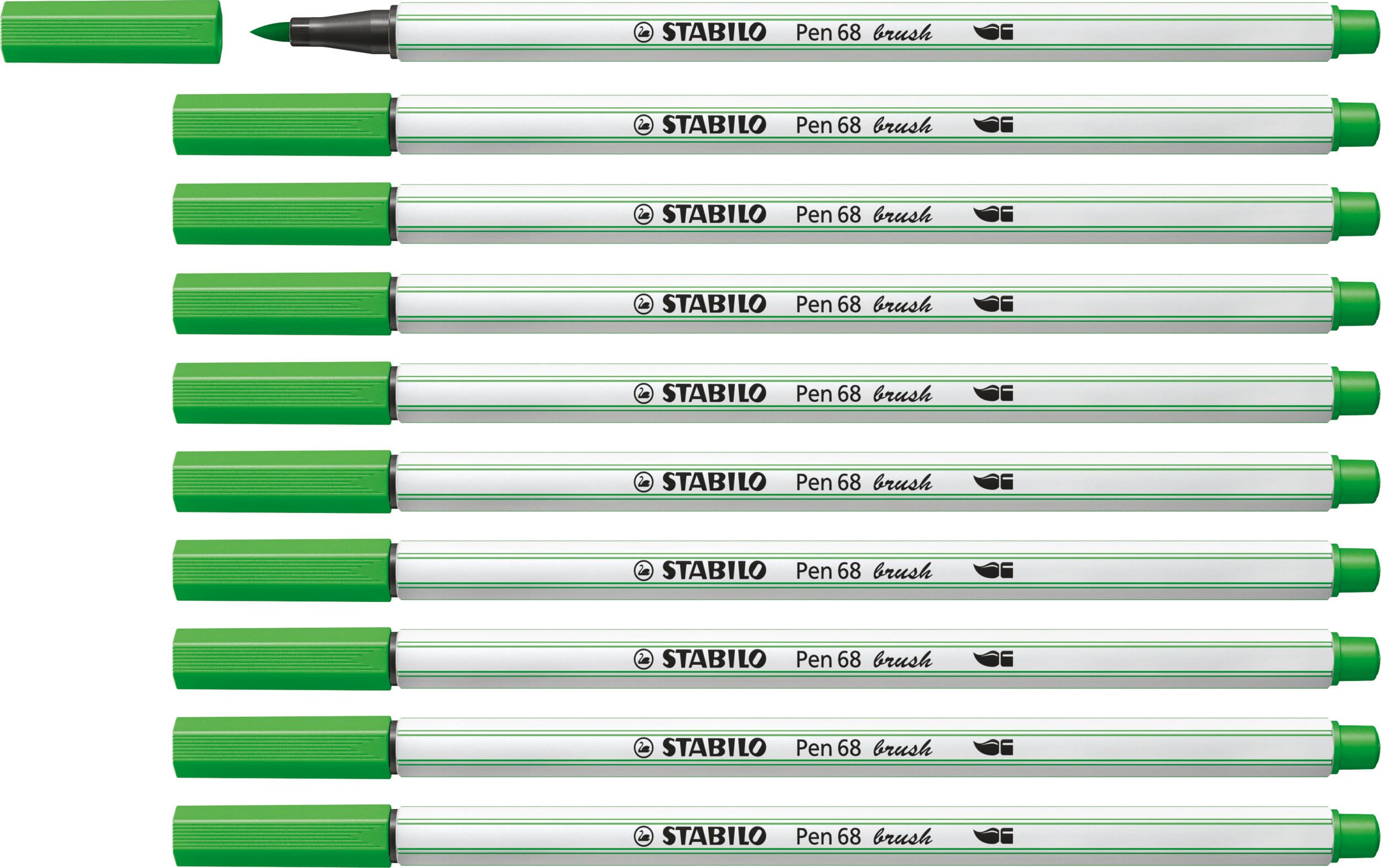 STABILO Pen 68 brush - Premium Fibre-Tip Pen with Brush Tip - Pack of 10 - Light Green